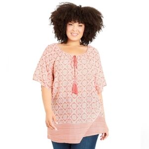 Catherines Plus Size Peasant Rayon‎ Tassel Boho Blouse 1X 18/20W Coral/White